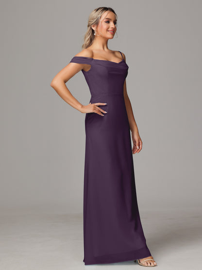 Spaghetti Straps Off The Shoulder Chiffon Bridesmaid Dress With Slit