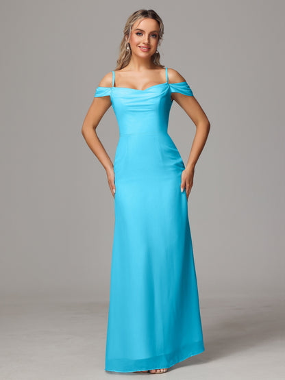 Spaghetti Straps Off The Shoulder Chiffon Bridesmaid Dress With Slit
