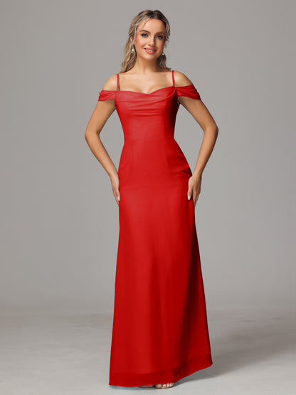 Spaghetti Straps Off The Shoulder Chiffon Bridesmaid Dress With Slit