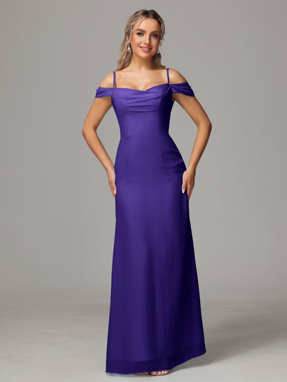 Spaghetti Straps Off The Shoulder Chiffon Bridesmaid Dress With Slit