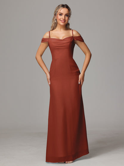 Spaghetti Straps Off The Shoulder Chiffon Bridesmaid Dress With Slit