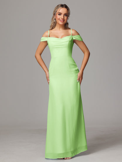 Spaghetti Straps Off The Shoulder Chiffon Bridesmaid Dress With Slit