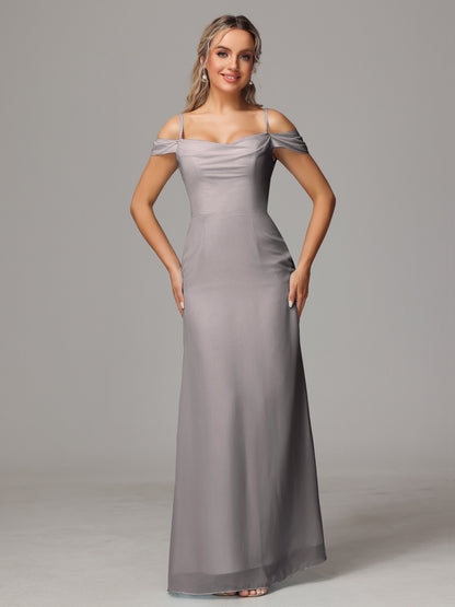 Spaghetti Straps Off The Shoulder Chiffon Bridesmaid Dress With Slit
