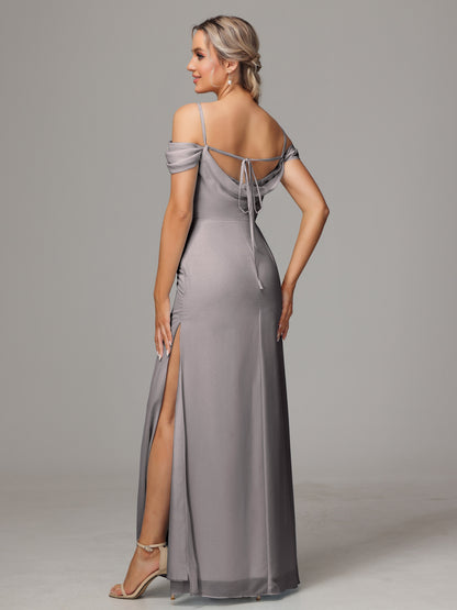 Spaghetti Straps Off The Shoulder Chiffon Bridesmaid Dress With Slit