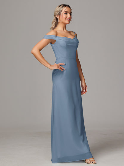 Spaghetti Straps Off The Shoulder Chiffon Bridesmaid Dress With Slit