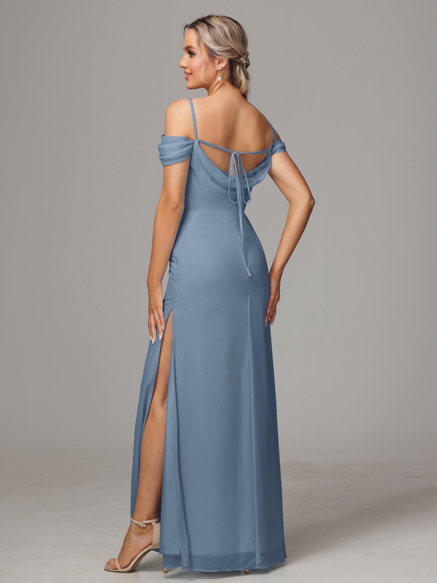 Spaghetti Straps Off The Shoulder Chiffon Bridesmaid Dress With Slit