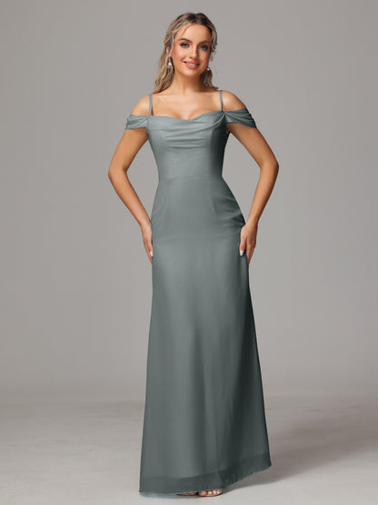 Spaghetti Straps Off The Shoulder Chiffon Bridesmaid Dress With Slit