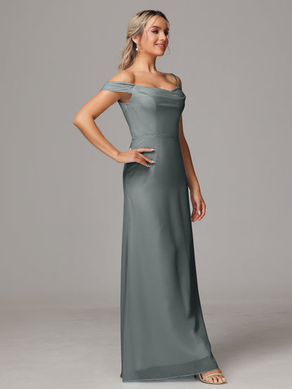 Spaghetti Straps Off The Shoulder Chiffon Bridesmaid Dress With Slit