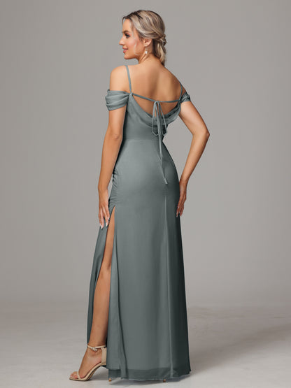 Spaghetti Straps Off The Shoulder Chiffon Bridesmaid Dress With Slit