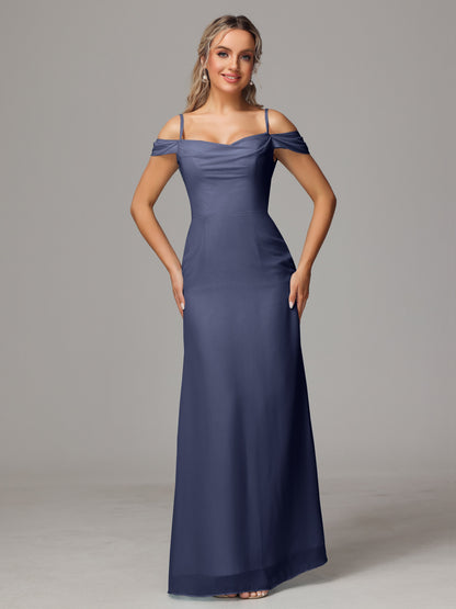 Spaghetti Straps Off The Shoulder Chiffon Bridesmaid Dress With Slit