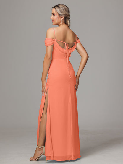 Spaghetti Straps Off The Shoulder Chiffon Bridesmaid Dress With Slit
