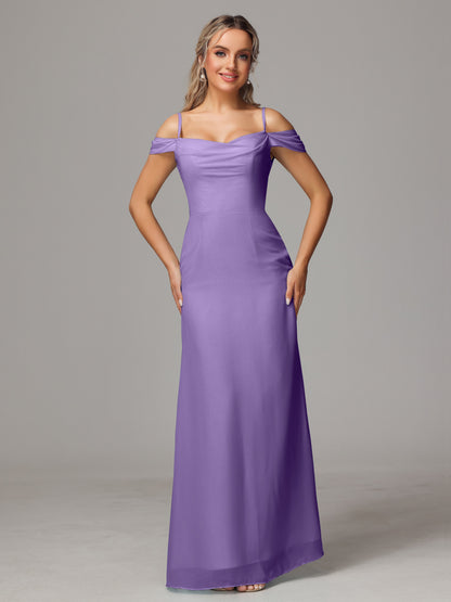 Spaghetti Straps Off The Shoulder Chiffon Bridesmaid Dress With Slit