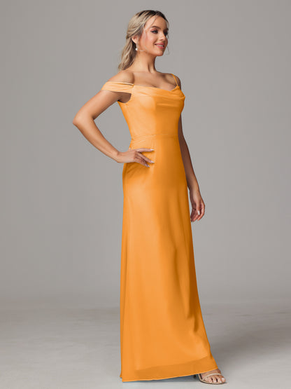 Spaghetti Straps Off The Shoulder Chiffon Bridesmaid Dress With Slit