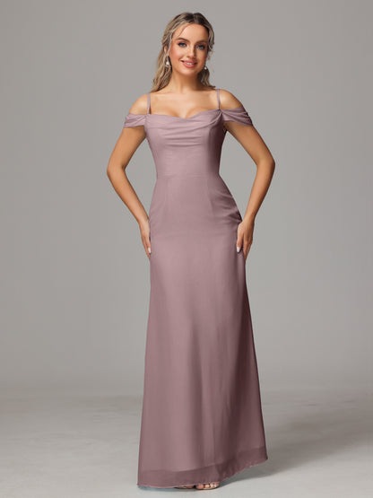 Spaghetti Straps Off The Shoulder Chiffon Bridesmaid Dress With Slit