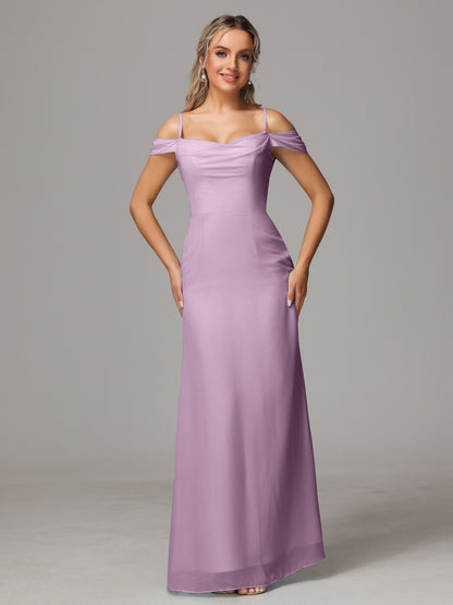 Spaghetti Straps Off The Shoulder Chiffon Bridesmaid Dress With Slit