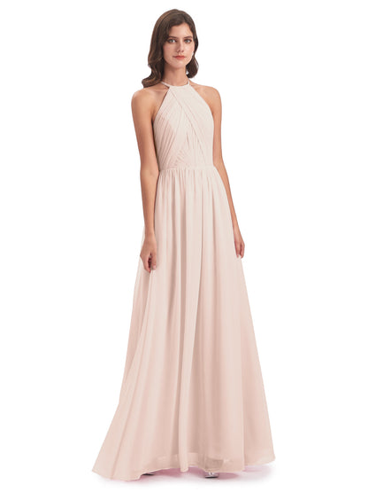 Mackenzie Halter Keyhole Lace Long Bridesmaid Dresses
