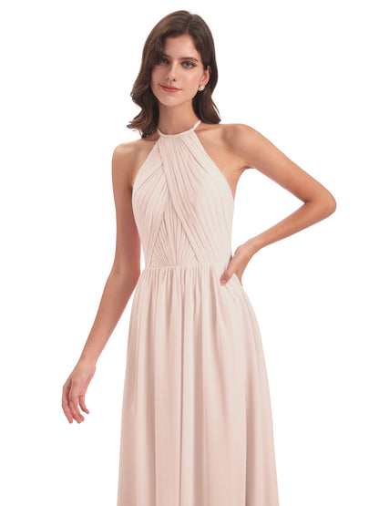 Mackenzie Halter Keyhole Lace Long Bridesmaid Dresses