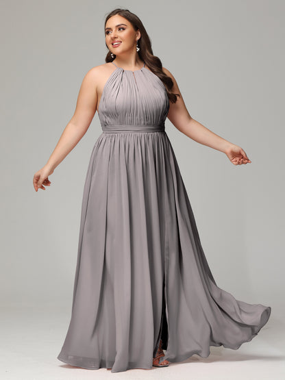 Floor Length Halter Plus Size Split Chiffon Bridesmaid Dresses
