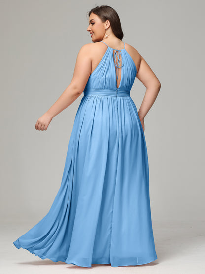 Floor Length Halter Plus Size Split Chiffon Bridesmaid Dresses
