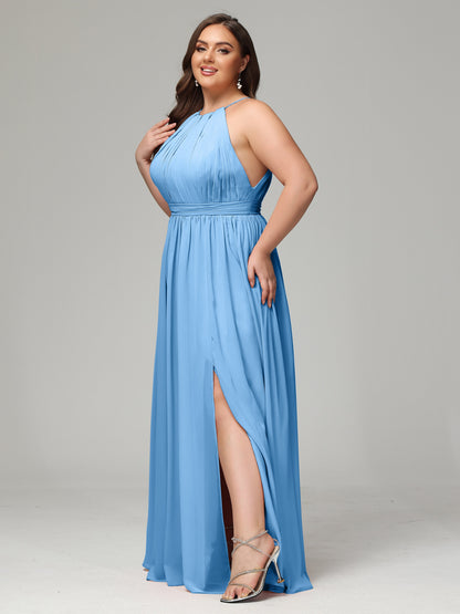 Floor Length Halter Plus Size Split Chiffon Bridesmaid Dresses