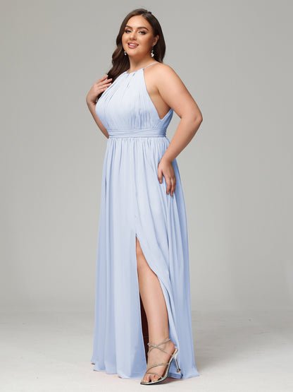 Floor Length Halter Plus Size Split Chiffon Bridesmaid Dresses