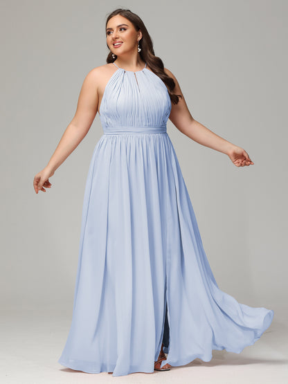 Floor Length Halter Plus Size Split Chiffon Bridesmaid Dresses