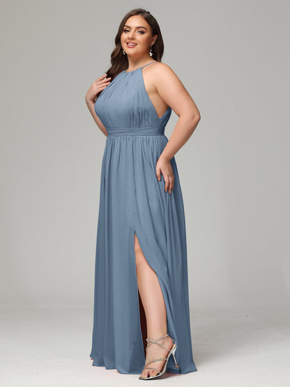 Floor Length Halter Plus Size Split Chiffon Bridesmaid Dresses