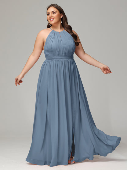 Floor Length Halter Plus Size Split Chiffon Bridesmaid Dresses