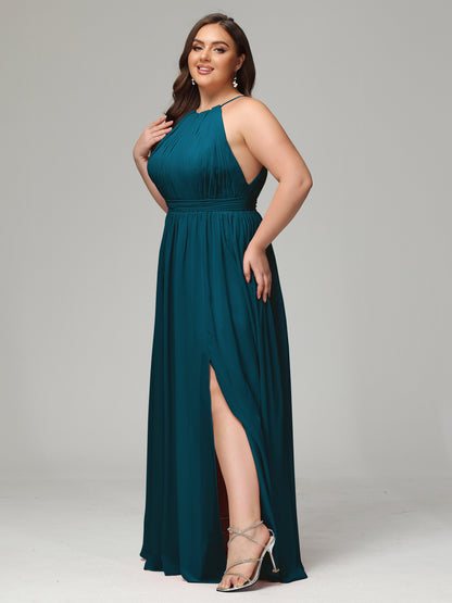 Floor Length Halter Plus Size Split Chiffon Bridesmaid Dresses