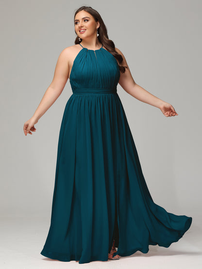 Floor Length Halter Plus Size Split Chiffon Bridesmaid Dresses