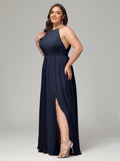 Floor Length Halter Plus Size Split Chiffon Bridesmaid Dresses