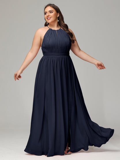 Floor Length Halter Plus Size Split Chiffon Bridesmaid Dresses