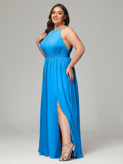 Floor Length Halter Plus Size Split Chiffon Bridesmaid Dresses