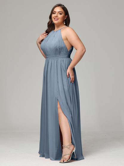 Floor Length Halter Plus Size Split Chiffon Bridesmaid Dresses