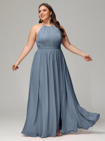 Floor Length Halter Plus Size Split Chiffon Bridesmaid Dresses