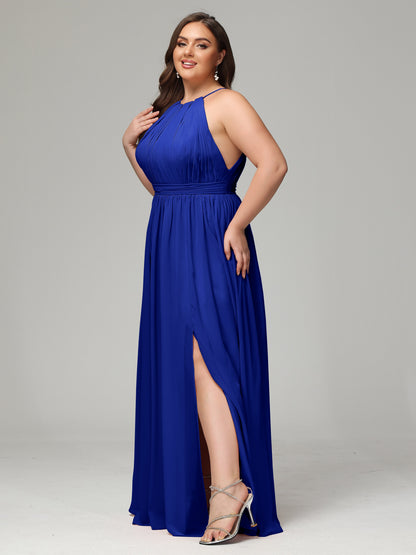 Floor Length Halter Plus Size Split Chiffon Bridesmaid Dresses