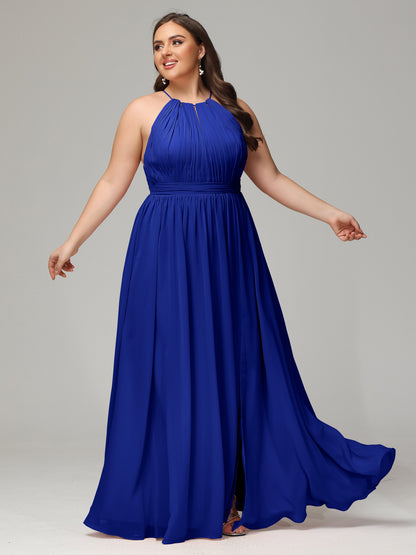Floor Length Halter Plus Size Split Chiffon Bridesmaid Dresses