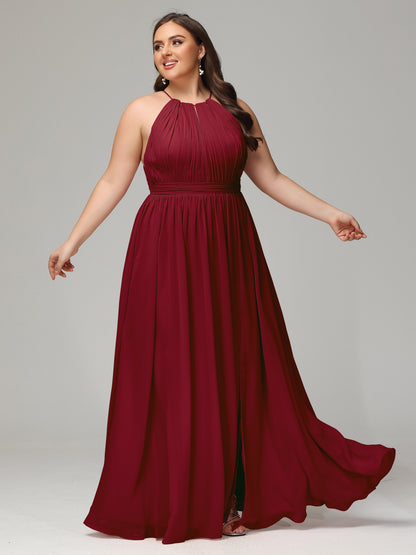 Floor Length Halter Plus Size Split Chiffon Bridesmaid Dresses
