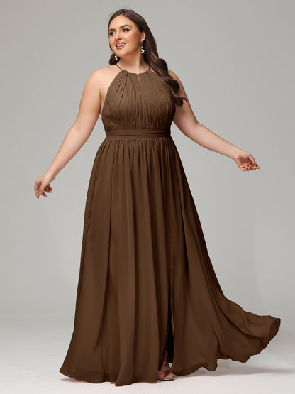 Floor Length Halter Plus Size Split Chiffon Bridesmaid Dresses