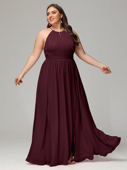 Floor Length Halter Plus Size Split Chiffon Bridesmaid Dresses