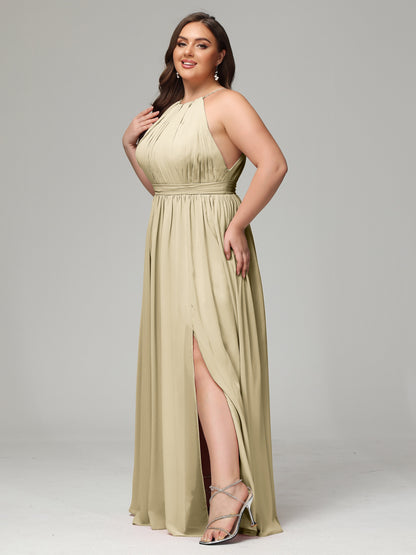 Floor Length Halter Plus Size Split Chiffon Bridesmaid Dresses