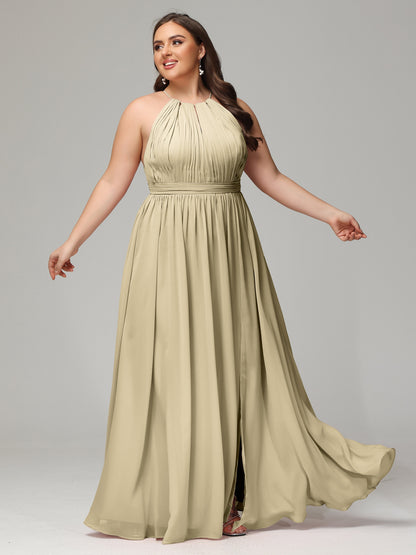 Floor Length Halter Plus Size Split Chiffon Bridesmaid Dresses