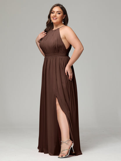 Floor Length Halter Plus Size Split Chiffon Bridesmaid Dresses
