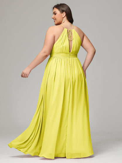 Floor Length Halter Plus Size Split Chiffon Bridesmaid Dresses