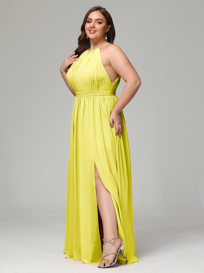 Floor Length Halter Plus Size Split Chiffon Bridesmaid Dresses