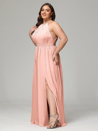 Floor Length Halter Plus Size Split Chiffon Bridesmaid Dresses