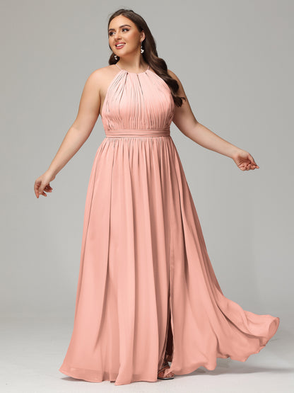 Floor Length Halter Plus Size Split Chiffon Bridesmaid Dresses