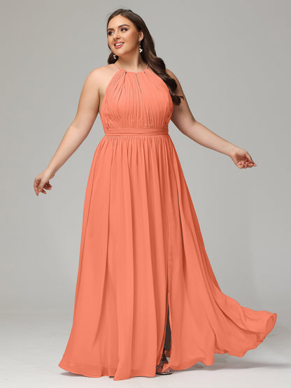 Floor Length Halter Plus Size Split Chiffon Bridesmaid Dresses