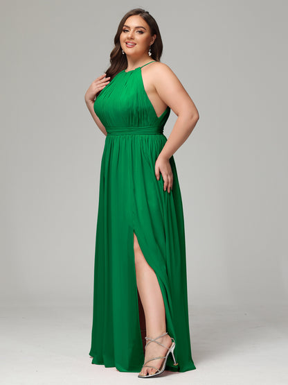 Floor Length Halter Plus Size Split Chiffon Bridesmaid Dresses