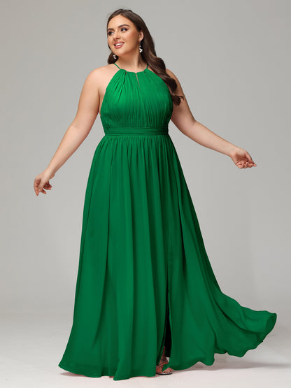 Floor Length Halter Plus Size Split Chiffon Bridesmaid Dresses